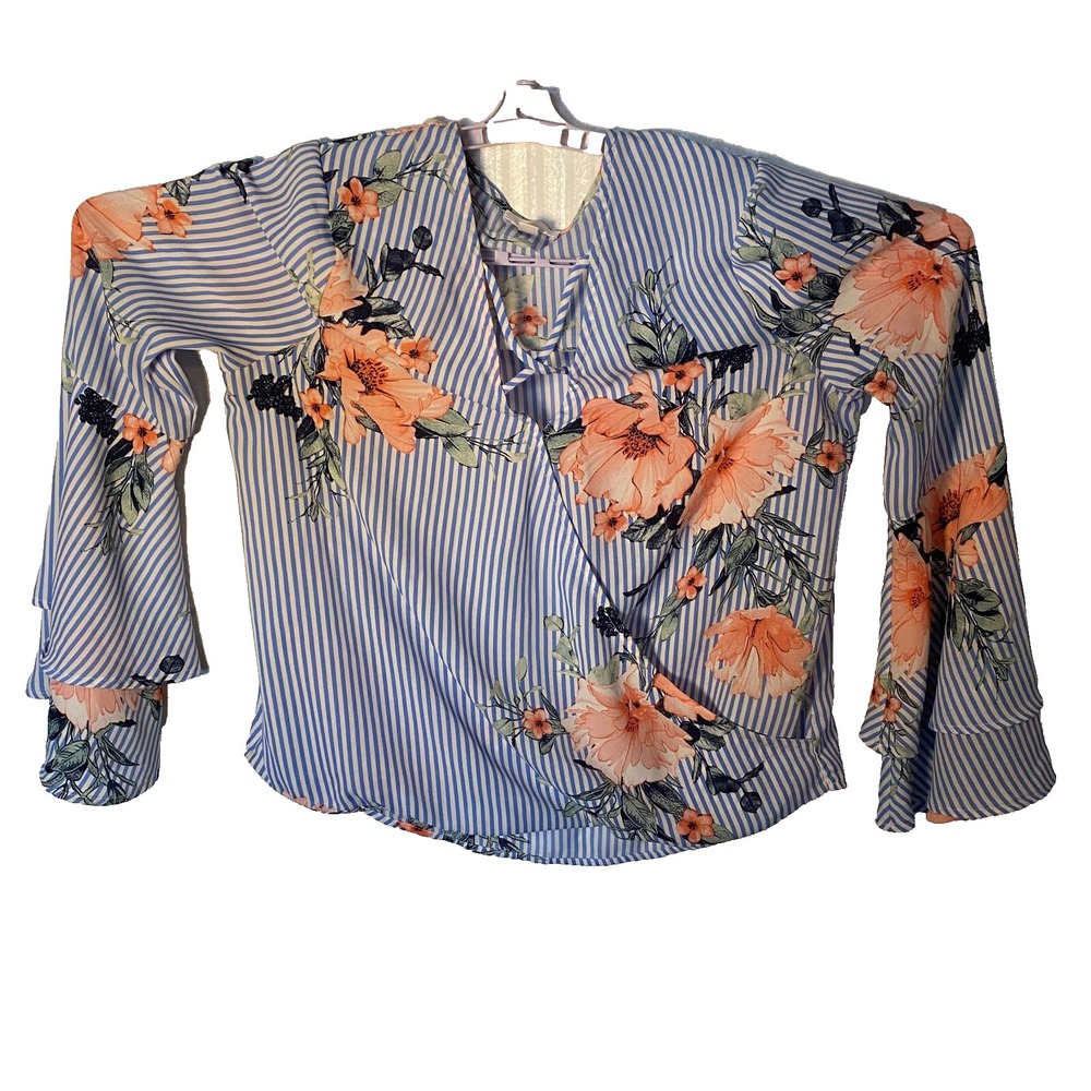 CC Womens Blue & White Striped Floral Casualwear Wrapped Blouse Top‎ Size M